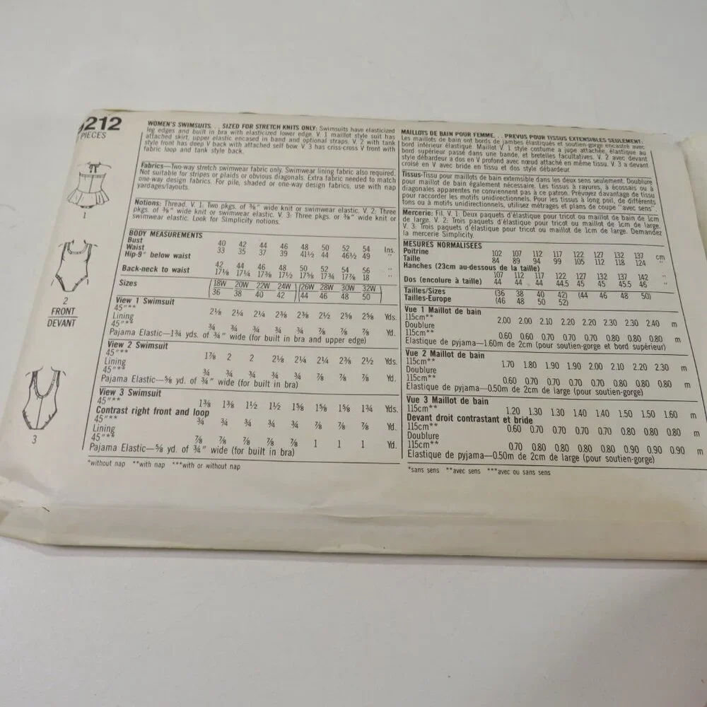 Simplicity 9212 Sewing Pattern Swimsuit Overlock/Surger 18W - 24W UNCUT